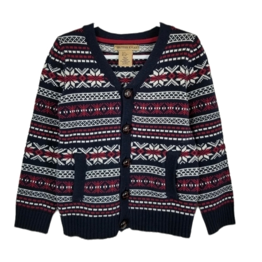 British Khaki Fair Isle Cardigan Sweater Button Pockets Red White Blue Unisex 4